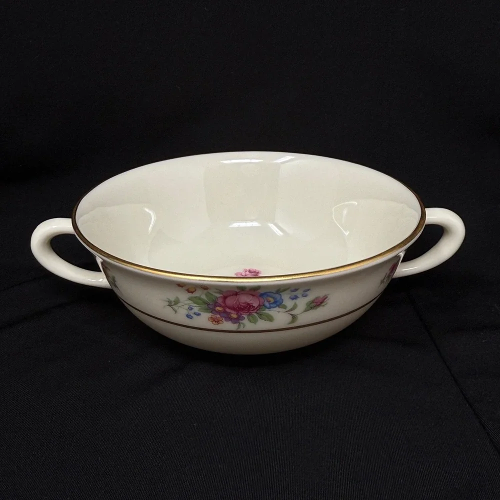Lenox Rose Floral Cream Soup Handle Bowls Set 3 Pcs Floral Gold Trim 5 Inch Diam
